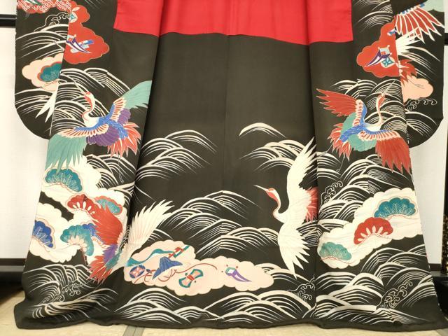 平和屋本店●アンティーク 大正ロマン 振袖 中国三大刺繍 相良刺繍 立波飛鶴宝尽くし 黒地 金銀彩 ロング丈 正絹 逸品 AABI0789ck