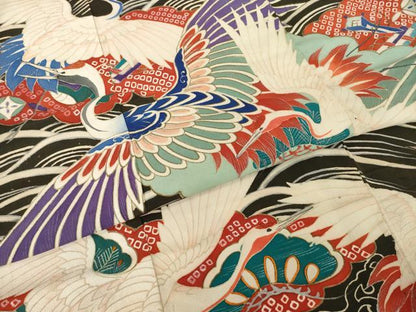 平和屋本店●アンティーク 大正ロマン 振袖 中国三大刺繍 相良刺繍 立波飛鶴宝尽くし 黒地 金銀彩 ロング丈 正絹 逸品 AABI0789ck