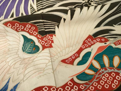 平和屋本店●アンティーク 大正ロマン 振袖 中国三大刺繍 相良刺繍 立波飛鶴宝尽くし 黒地 金銀彩 ロング丈 正絹 逸品 AABI0789ck