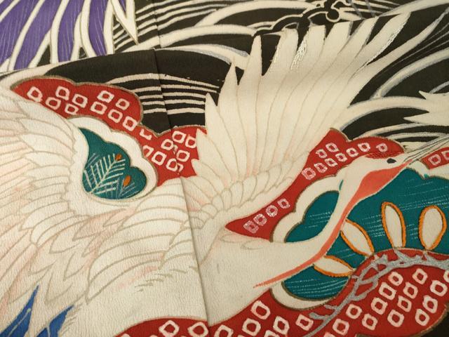 平和屋本店●アンティーク 大正ロマン 振袖 中国三大刺繍 相良刺繍 立波飛鶴宝尽くし 黒地 金銀彩 ロング丈 正絹 逸品 AABI0789ck