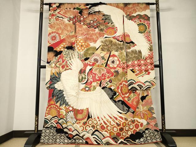 平和屋本店●アンティーク　大正ロマン　振袖　駒刺繍　飛鶴吉祥文　黒地　金彩　正絹　逸品　AABI0790ck