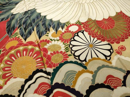 平和屋本店●アンティーク　大正ロマン　振袖　駒刺繍　飛鶴吉祥文　黒地　金彩　正絹　逸品　AABI0790ck