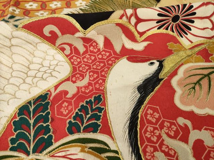 平和屋本店●アンティーク　大正ロマン　振袖　駒刺繍　飛鶴吉祥文　黒地　金彩　正絹　逸品　AABI0790ck