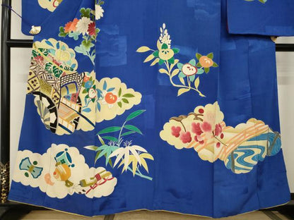 平和屋本店●アンティーク　大正ロマン　小振袖　二尺袖　駒刺繍　雲取り吉祥御所車文　金彩　正絹　逸品　AABI0791ck