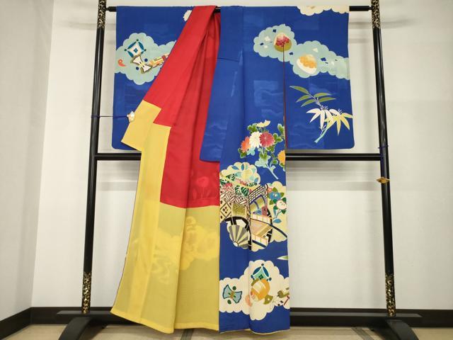 平和屋本店●アンティーク　大正ロマン　小振袖　二尺袖　駒刺繍　雲取り吉祥御所車文　金彩　正絹　逸品　AABI0791ck