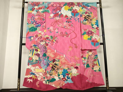 平和屋本店●アンティーク　大正ロマン　振袖　駒刺繍　花鼓文　正絹　逸品　AABI0792ck