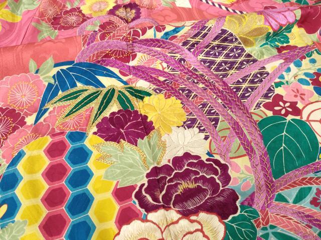 平和屋本店●アンティーク　大正ロマン　振袖　駒刺繍　花鼓文　正絹　逸品　AABI0792ck