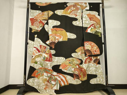 平和屋本店●アンティーク　大正ロマン　振袖　駒刺繍　地紙吉祥花鳥文　黒地　金彩　正絹　逸品　AABI0793ck