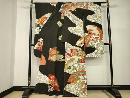 平和屋本店●アンティーク　大正ロマン　振袖　駒刺繍　地紙吉祥花鳥文　黒地　金彩　正絹　逸品　AABI0793ck