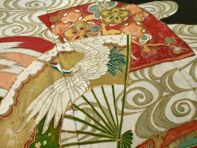 平和屋本店●アンティーク　大正ロマン　振袖　駒刺繍　地紙吉祥花鳥文　黒地　金彩　正絹　逸品　AABI0793ck