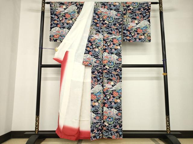 平和屋着物●上質な小紋　型染め　流水花鳥籬文　正絹　逸品　AABI0805ck