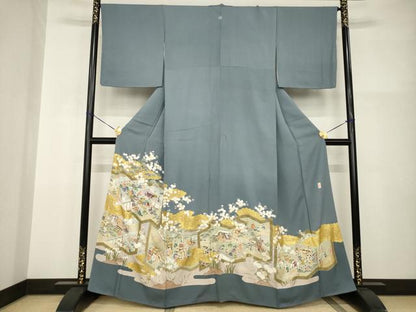 平和屋着物●豪華色留袖　作家物　駒刺繍　人物風景文　金彩　正絹　逸品　AABI0806ck