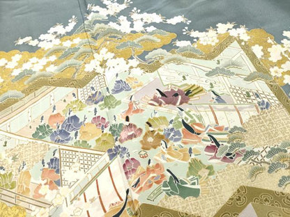 平和屋着物●豪華色留袖　作家物　駒刺繍　人物風景文　金彩　正絹　逸品　AABI0806ck