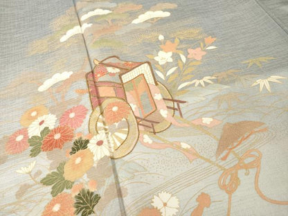 平和屋着物●訪問着　駒刺繍　御所車花文　金彩　正絹　逸品　AABI0808ck