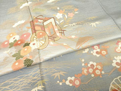 平和屋着物●訪問着　駒刺繍　御所車花文　金彩　正絹　逸品　AABI0808ck