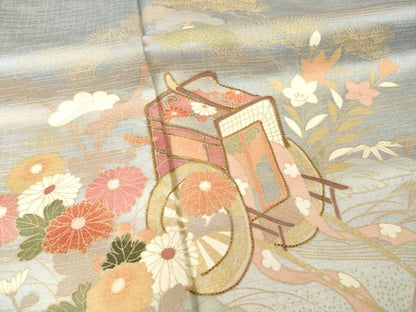 平和屋着物●訪問着　駒刺繍　御所車花文　金彩　正絹　逸品　AABI0808ck