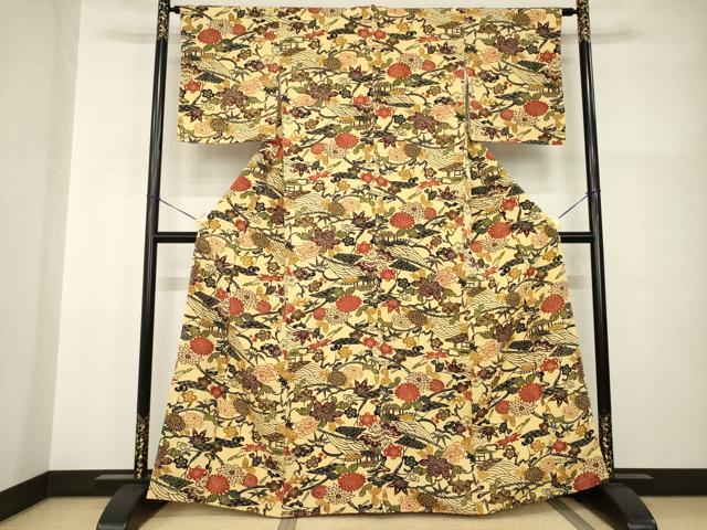 平和屋着物●上質な小紋　紅型　風景花文　正絹　逸品　AABI0809ck