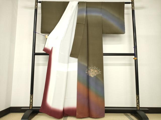 平和屋着物●訪問着　刺繍　草花文　暈し染め　金糸　正絹　逸品　未使用　AABI0813ck