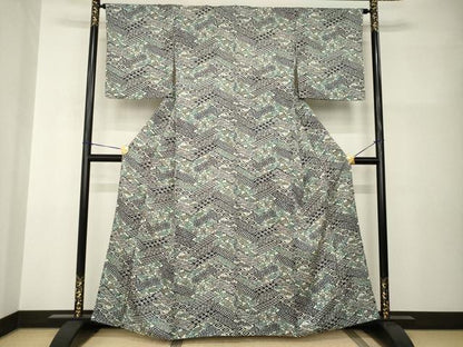 平和屋着物●上質な小紋　型染め　草花文　正絹　逸品　AABI0819ck
