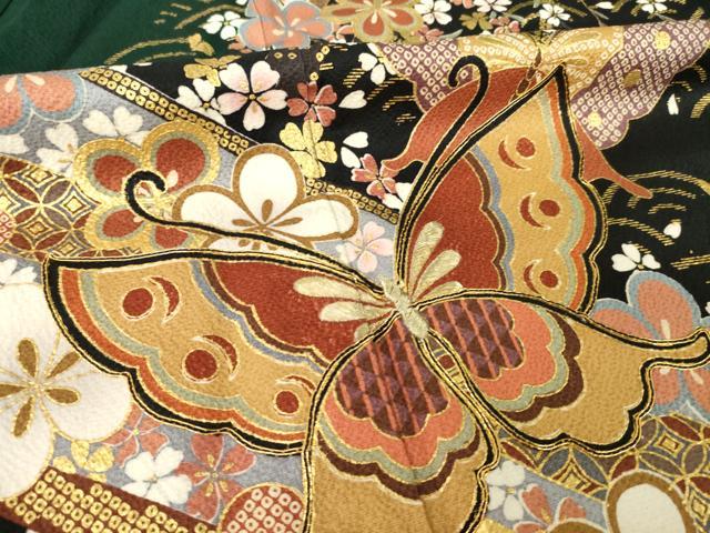 平和屋着物●豪華振袖　刺繍　流水花蝶文　黒地　金彩　正絹　逸品　AABI0826ck