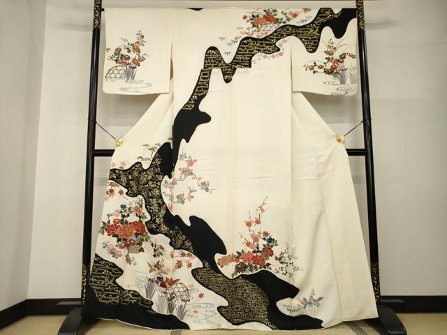 平和屋着物●訪問着　友禅　絞り　鴛鴦流水文　正絹　逸品　AABI0831ck