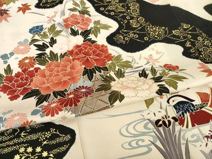 平和屋着物●訪問着　友禅　絞り　鴛鴦流水文　正絹　逸品　AABI0831ck