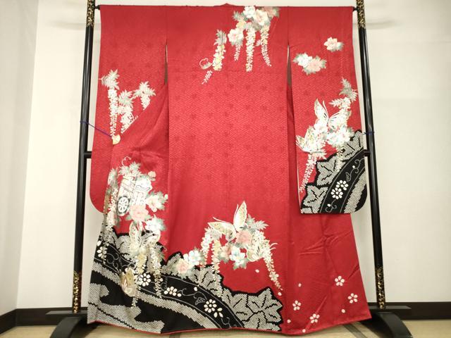 平和屋着物●豪華振袖　絞り　御所車花蝶文　正絹　逸品　AABI0839ck