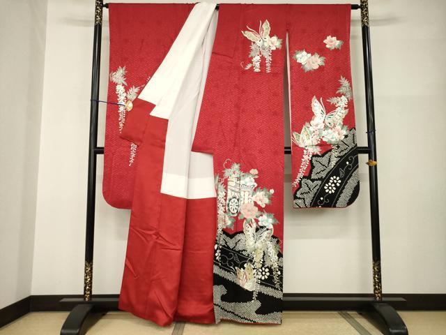 平和屋着物●豪華振袖　絞り　御所車花蝶文　正絹　逸品　AABI0839ck