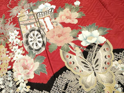平和屋着物●豪華振袖　絞り　御所車花蝶文　正絹　逸品　AABI0839ck