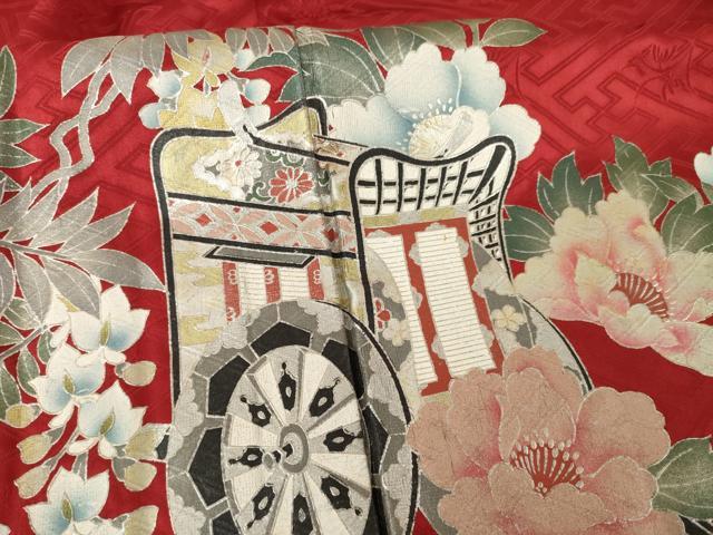 平和屋着物●豪華振袖　絞り　御所車花蝶文　正絹　逸品　AABI0839ck