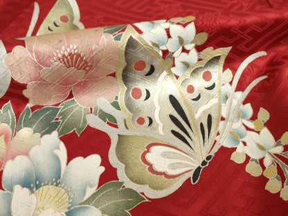 平和屋着物●豪華振袖　絞り　御所車花蝶文　正絹　逸品　AABI0839ck