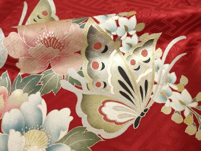 平和屋着物●豪華振袖　絞り　御所車花蝶文　正絹　逸品　AABI0839ck