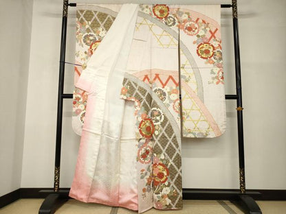 平和屋着物●十日町老舗ブランド　吉澤友禅　吾妻徳穂　振袖　雪輪花籬文　正絹　逸品　AABI0840ck