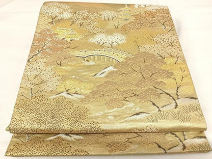 平和屋着物◎六通柄袋帯　風景文　金銀糸　正絹　逸品　AABI0841yx