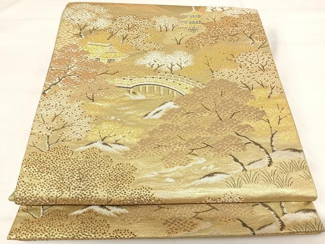 平和屋着物◎六通柄袋帯　風景文　金銀糸　正絹　逸品　AABI0841yx