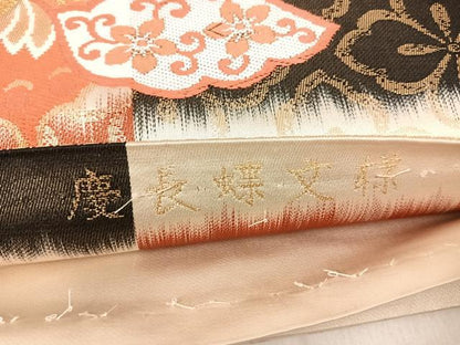 平和屋着物◎六通柄袋帯　唐織　慶長蝶文様　金糸　正絹　逸品　AABI0842yx