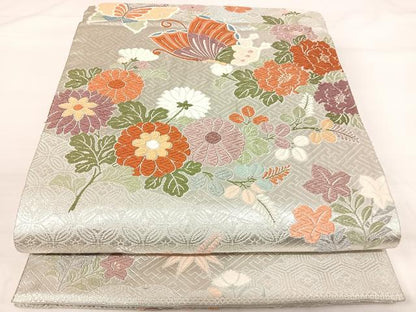 平和屋着物◎佐賀錦　六通柄袋帯　唐織　花蝶文　銀糸　正絹　逸品　AABI0846yx