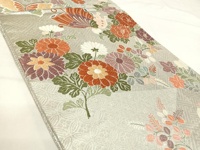 平和屋着物◎佐賀錦　六通柄袋帯　唐織　花蝶文　銀糸　正絹　逸品　AABI0846yx