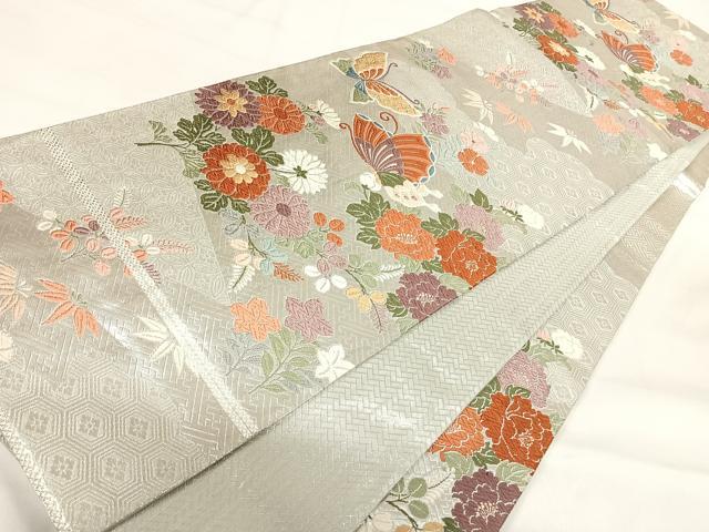 平和屋着物◎佐賀錦　六通柄袋帯　唐織　花蝶文　銀糸　正絹　逸品　AABI0846yx