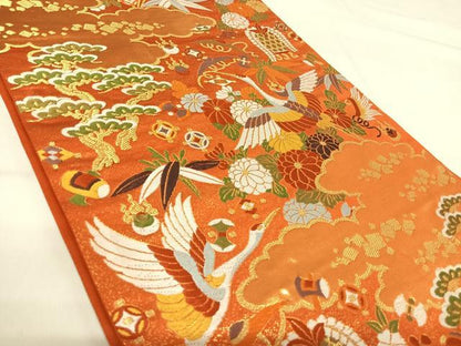 平和屋着物◎六通柄袋帯　唐織　飛鶴花宝尽くし　金糸　正絹　逸品　AABI0851yx