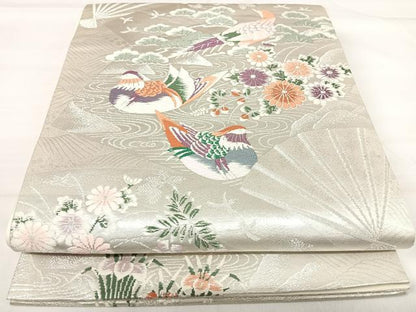 平和屋着物◎六通柄袋帯　唐織　鴛鴦花文　銀糸　正絹　逸品　AABI0853yx