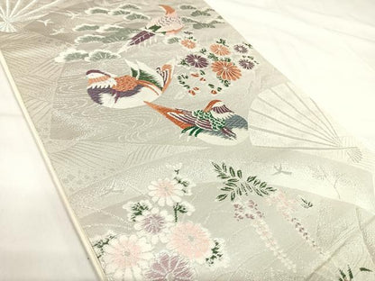 平和屋着物◎六通柄袋帯　唐織　鴛鴦花文　銀糸　正絹　逸品　AABI0853yx