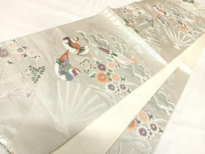 平和屋着物◎六通柄袋帯　唐織　鴛鴦花文　銀糸　正絹　逸品　AABI0853yx