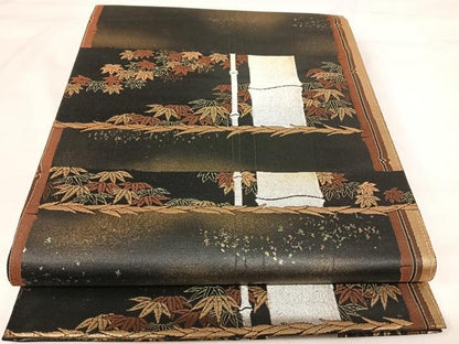 平和屋着物◎六通柄袋帯 笹竹文 黒地 金銀糸 正絹 逸品 AABI0854yx