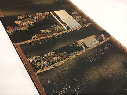 平和屋着物◎六通柄袋帯 笹竹文 黒地 金銀糸 正絹 逸品 AABI0854yx