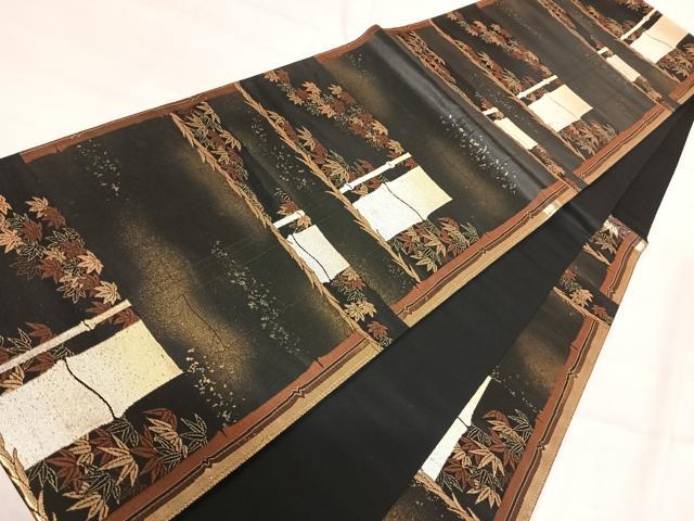 平和屋着物◎六通柄袋帯 笹竹文 黒地 金銀糸 正絹 逸品 AABI0854yx