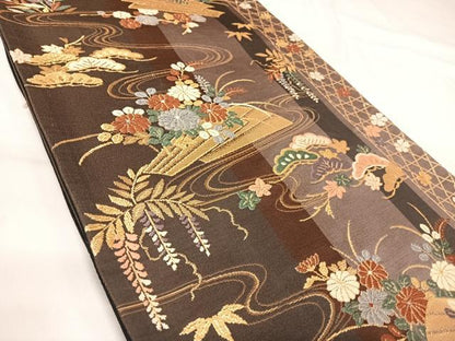 平和屋着物◎六通柄袋帯　唐織　流水花文　金糸　正絹　逸品　AABI0859yx