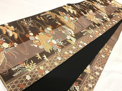 平和屋着物◎六通柄袋帯　唐織　流水花文　金糸　正絹　逸品　AABI0859yx