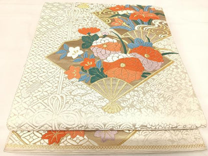 平和屋着物◎六通柄袋帯 唐織 扇面花文 金糸 正絹 逸品 AABI0861yx