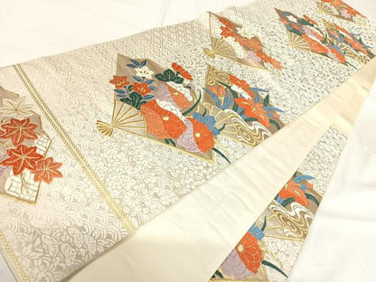 平和屋着物◎六通柄袋帯 唐織 扇面花文 金糸 正絹 逸品 AABI0861yx